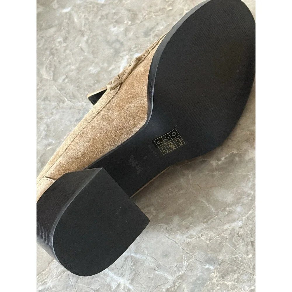 Coach CU227 Women’s 9B Tan Suede Heeled Loafers Sculpted C Chunky Heel